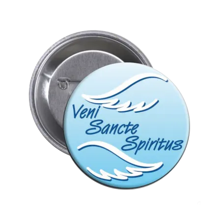 Przypinka religijna button "Veni Sancte Spiritus" sklep z upominkami religijnymi e-religijne.pl