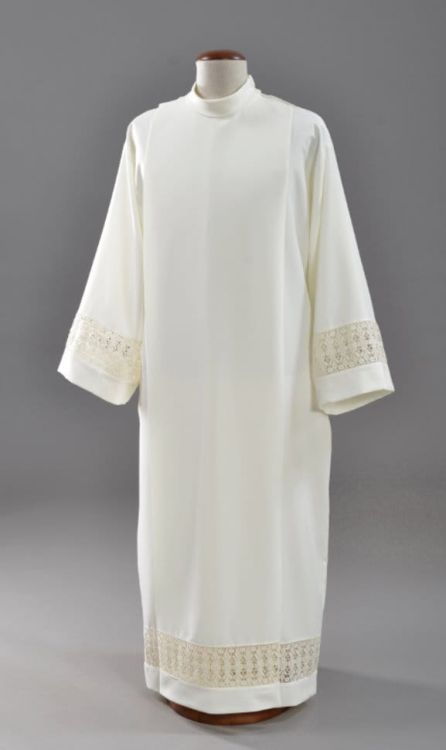 Szaty liturgiczne artykuły dla księży: Alba Plus :  Alba kapłańska rzymska ecru z ozdobną wstawką 3-116-1