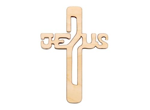 Krzyż drewniany wycinany JEZUS naturalny