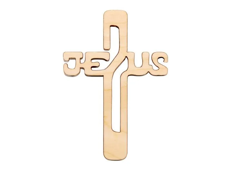 Krzyż drewniany wycinany JEZUS naturalny