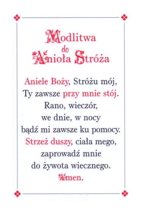 Wydawnictwo - pomoce duszpasterskie druki parafialne: Obrazek z modlitwą do Anioła Stróża - plastikowa karta 5 x 8,5 cm