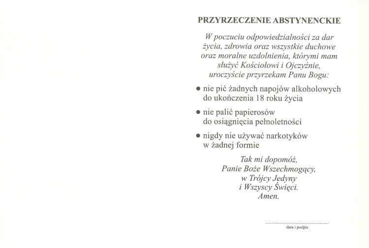Deklaracja abstynencji - przyrzeczenie abstynenckie -dla dzieci i młodzieży - dyplom e-religijne.pl
