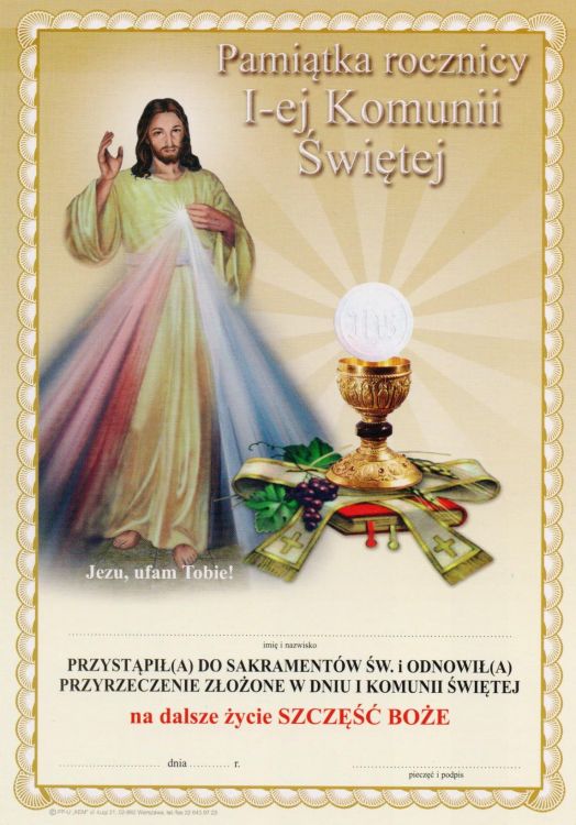 Pomoce duszpasterskie: Dyplomy - druki do kancelarii parafialnej: Dyplom - obrazek pamiątka I rocznicy Komunii św. - 2 z Jezusem Miłosiernym - księgarnia dewocjonalia zaopatrzenie duszpasterzy