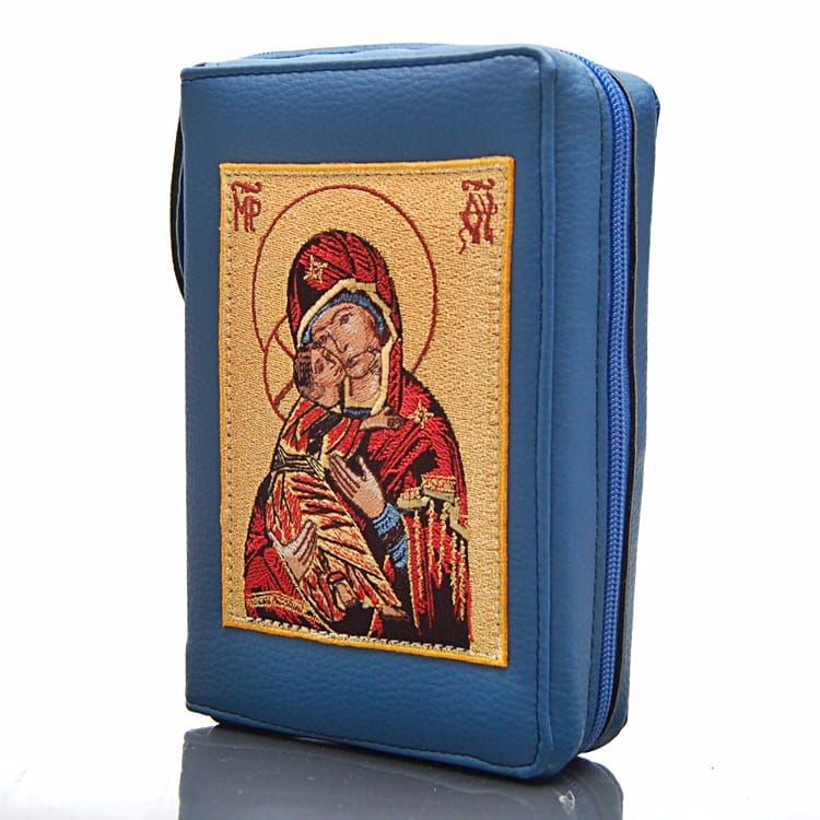 Okładka na Pismo św. z ikoną haftowaną ze skóry - (NIEBIESKA MB) - format oazowy  e-religijne.pl