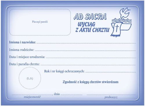 Ad Sacra - wyciąg z aktu chrztu paczka 50 szt. Hlondianum