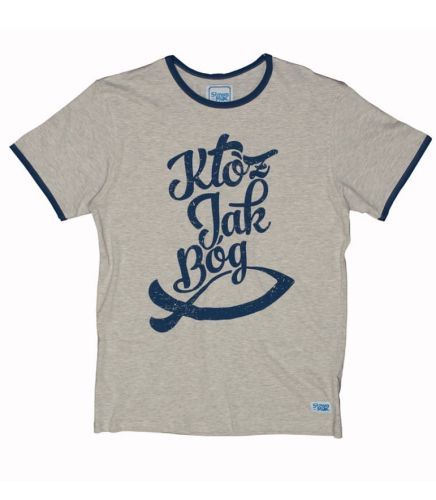 Męska koszulka religijna z napisem "Któż jak Bóg" - chrześcijańskie koszulki religijne - kubki, naklejki - upominki religijne - sklep chrześcijański