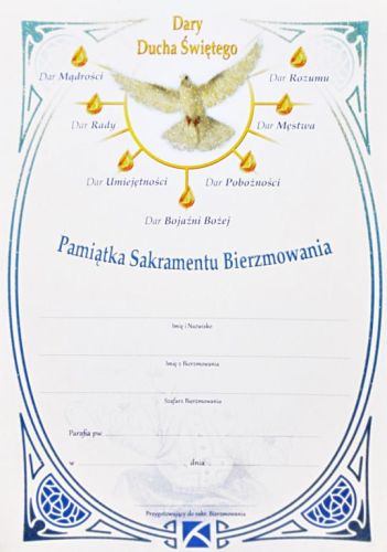 Niebieski dyplom pamiątkowy Sakramentu Bierzmowania z wizerunkiem gołębicy Ducha Świętego i symbolami siedmiu darów | sklep z pomocami duszpasterskimi