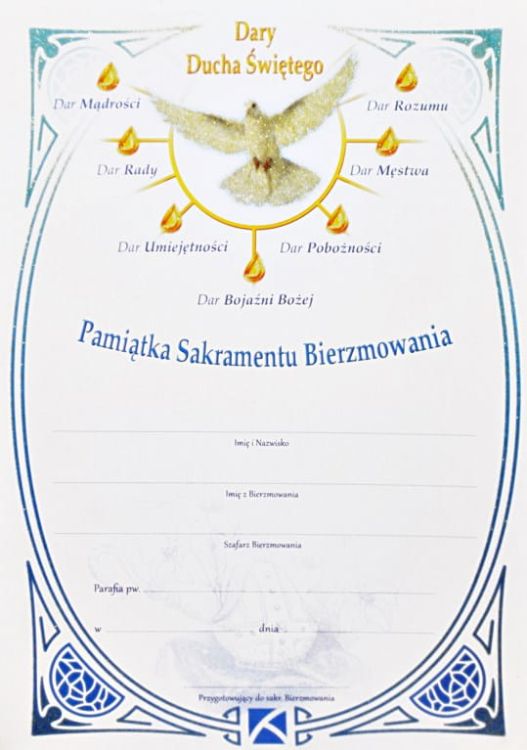 Niebieski dyplom pamiątkowy Sakramentu Bierzmowania z wizerunkiem gołębicy Ducha Świętego i symbolami siedmiu darów | sklep z pomocami duszpasterskimi