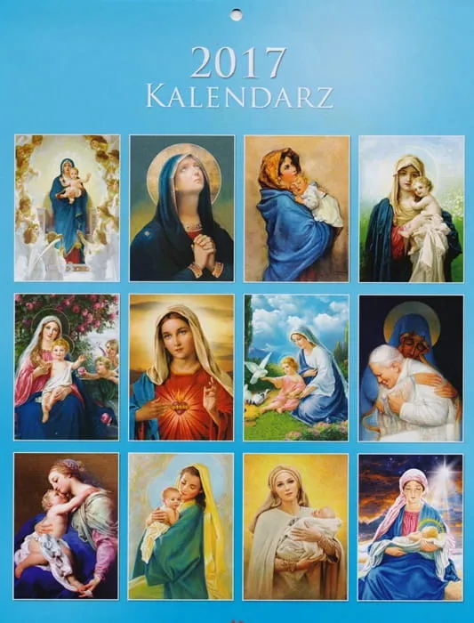 Religijny kalendarz na ścianę ze świętami. Wizerunki Maryi na każdy miesiąc. Sklep księgarnia religijna
