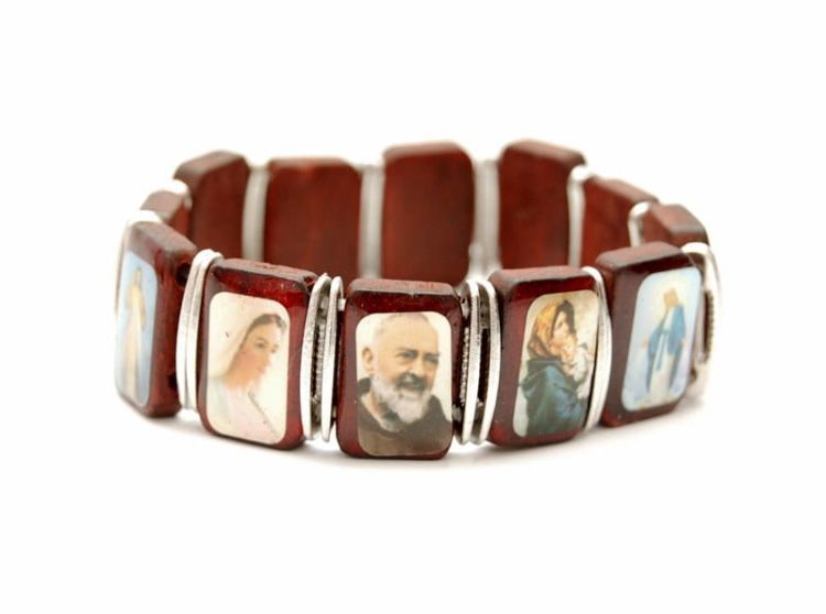 Bransoletka religijna drewniana z wizerunkami - brązowa e-religijne.pl