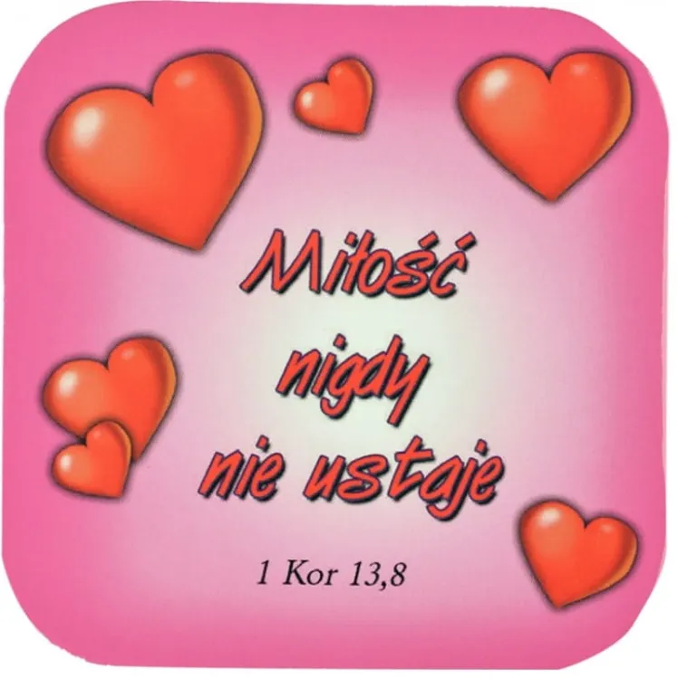 Podstawka korkowa z religijnym hasłem Miłość nigdy nie ustaje 1Kor.13,8  e-religijne.pl