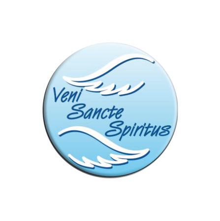 Przypinka religijna button "Veni Sancte Spiritus" sklep z upominkami religijnymi e-religijne.pl