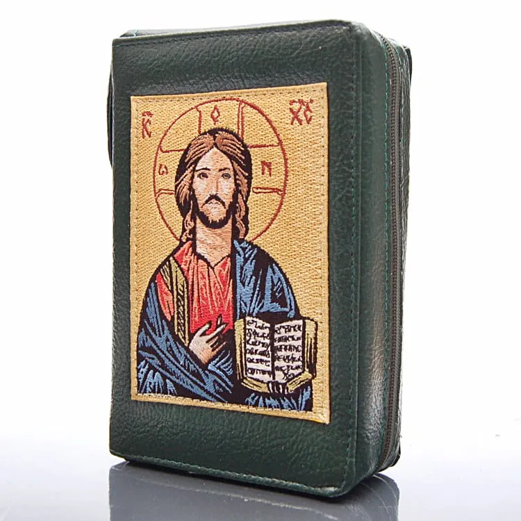 Okładka na Pismo św. z ikoną haftowaną ze skóry - (ZIELONA PANTOKRATOR) - format oazowy e-religijne.pl