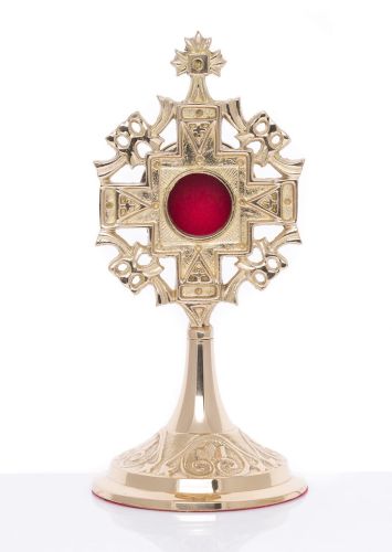 Relikwiarz mosiężny MN-1012 odlew złocony wysokość 20 cm repozytorium 4 cm czerwone szkło podstawa 9,5 cm