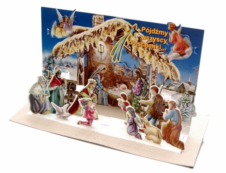 Kompletna szopka bożonarodzeniowa 3D ze wszystkimi figurkami - przykład gotowego produktu po złożeniu, ukazujący scenę Narodzenia Pańskiego