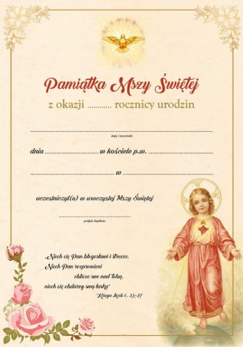 Dyplomy na Mszę Świętą: Dyplom Pamiątka Mszy Świętej z okazji urodzin [10 sztuk] - EU3
