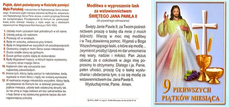 Książeczka do nabożeństwa pierwszych piątków - wzór z Panem Jezusem Miłosiernym, krzyżem papieskim i symbolami eucharystycznymi.