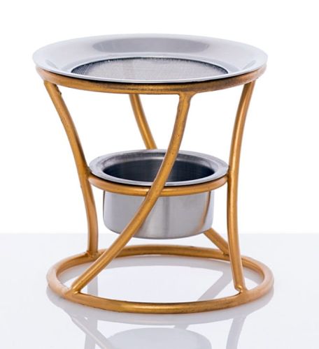 Mosiężna kadzielniczka domowa model IB-401 na podgrzewacz typu tealight, widok na złotą konstrukcję z sitkiem,  e-religijne.pl