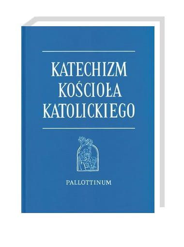 Okładka książki Katechizm Kościoła Katolickiego wydawnictwa Pallottinum. Na niebieskim tle widnieje biały tytuł i logo wydawcy