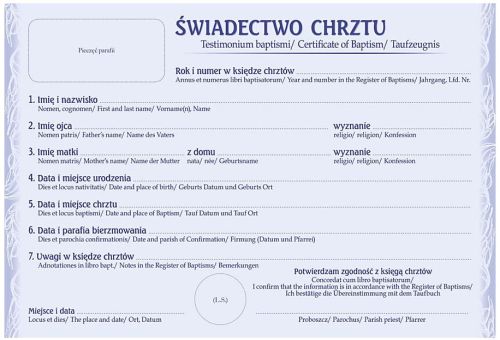 Świadectwo chrztu w różnych językach paczka 50 szt. Hlondianum e-religijne.pl