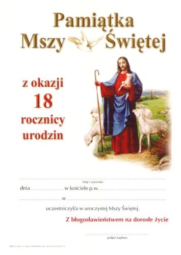 Pamiątka Mszy św. z okazji 18-tych urodzin e-religijne.pl