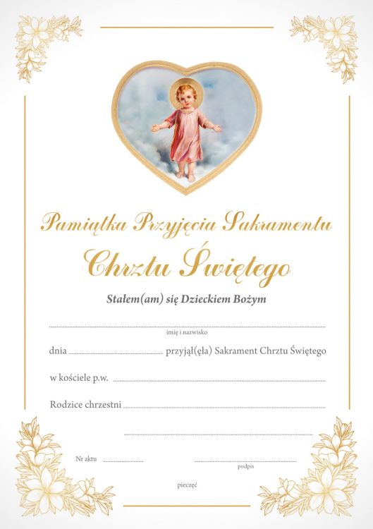 Dyplom Pamiątka Chrztu Świętego A5 sklep pomoce duszpasterskie do kancelarii parafialnej