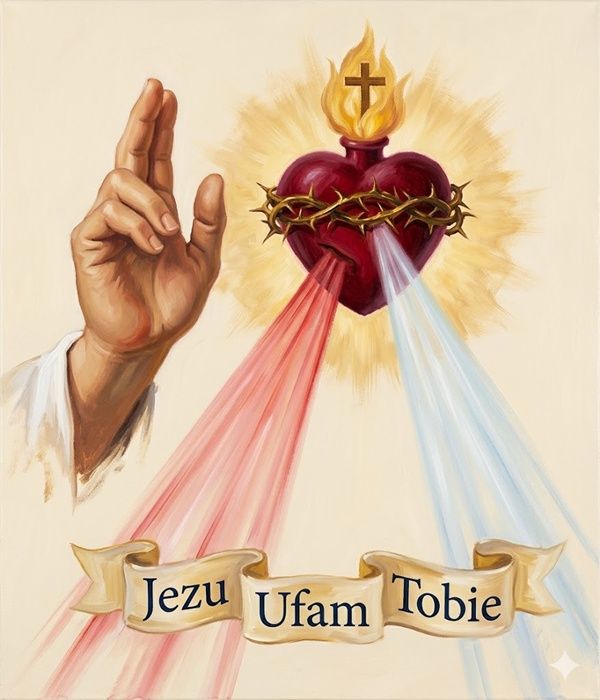 Serce Jezusa z promieniami miłosierdzia i napisem Jezu Ufam Tobie — Miłosierdzie Boże — książki, obrazy i dewocjonalia