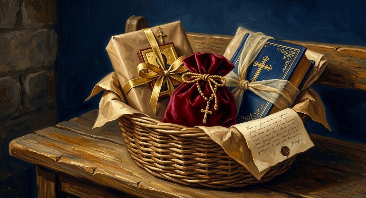 Zamówienie z e-religijne.pl — koszyk z zapakowanymi dewocjonaliami, ikoną i książką religijną z krzyżem, ilustracja olejna