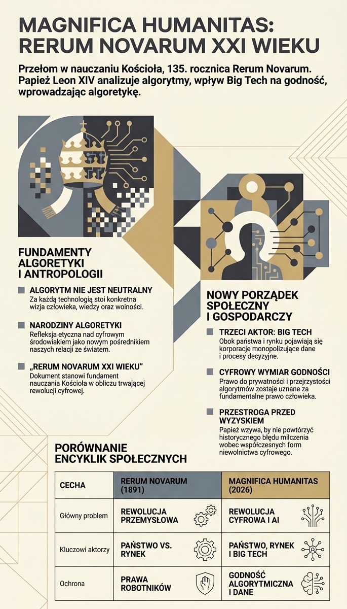 Infografika w stylu mozaiki z papieskim herbem i sylwetką człowieka. Sześć tez encykliki Magnifica Humanitas i porównanie z Rerum Novarum w tabeli.